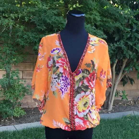 Free People‎ Orange Sheer Genius Floral Top - Picture 7 of 8